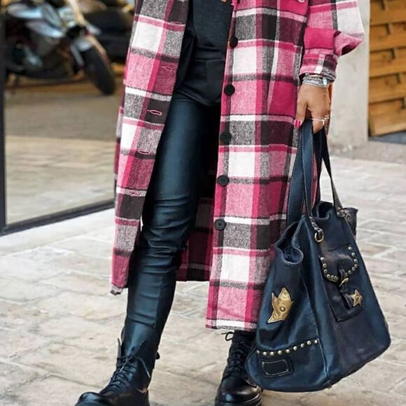 NEW!! Beautiful Boho Pink Black Plaid Flannel Shacket Jacket Maxi Length Shirt - Picture 2 of 5